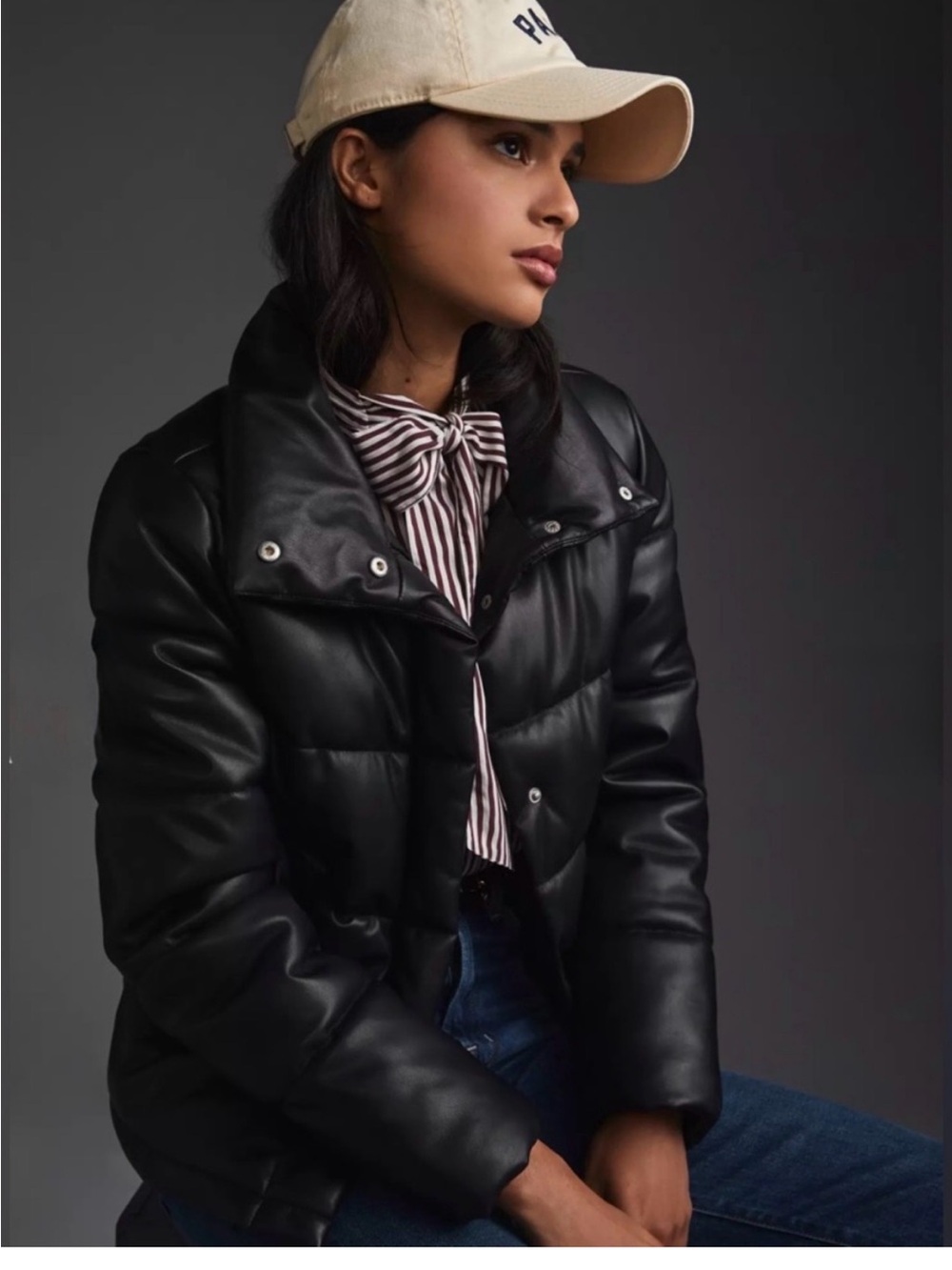 Avec Les Filles Black Faux-Leather Puffer Jacket
